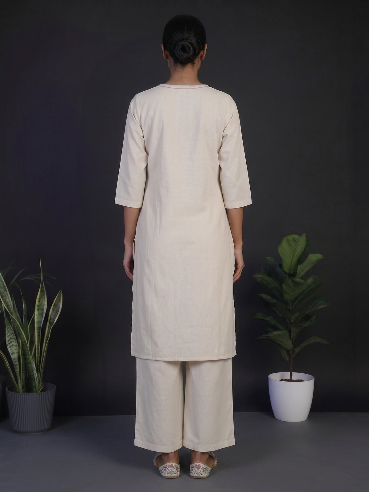 Cream linen straight cut kurti set with palazzo