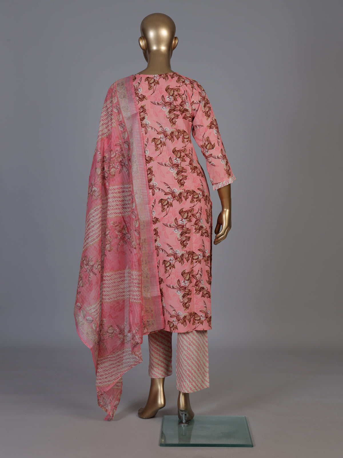 Pink silk printed straight cut kurti set with dupatta and pants