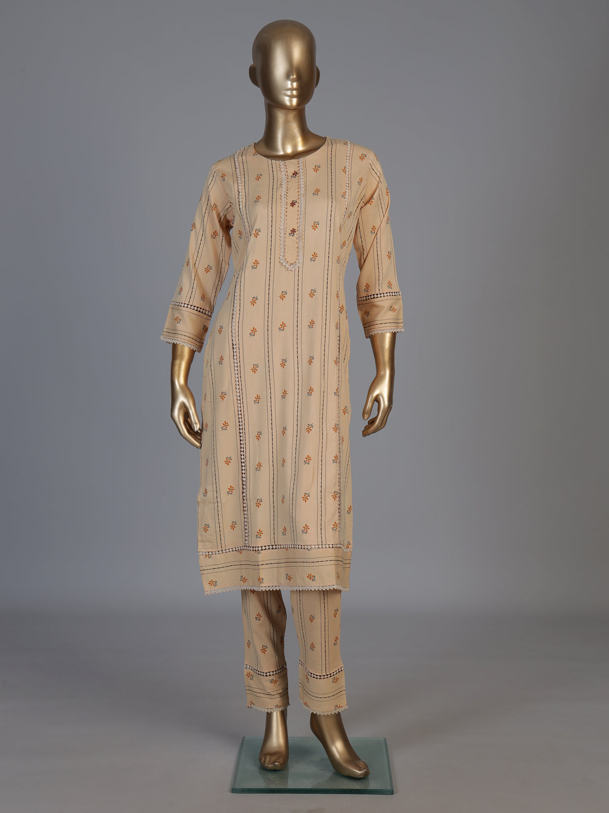 Beige cotton printed straight cut kurti set with comfortable pants