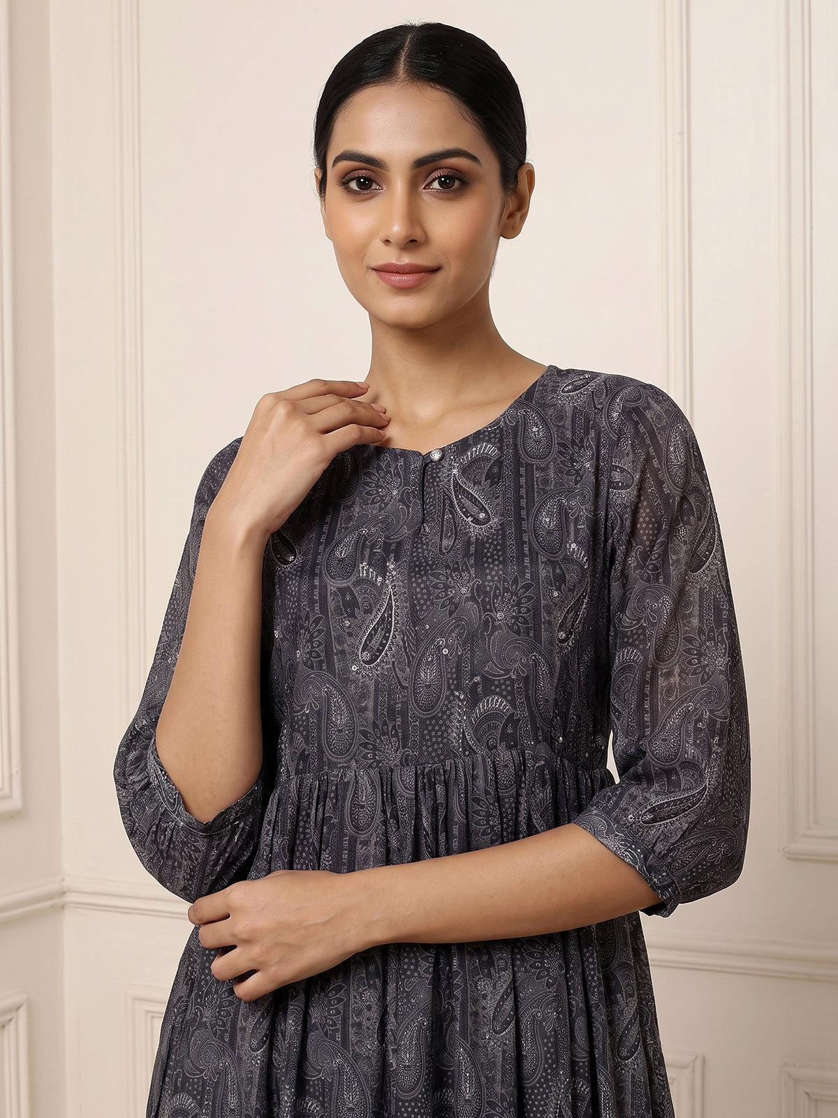 Grey silk printed yoke style kurti with thread work