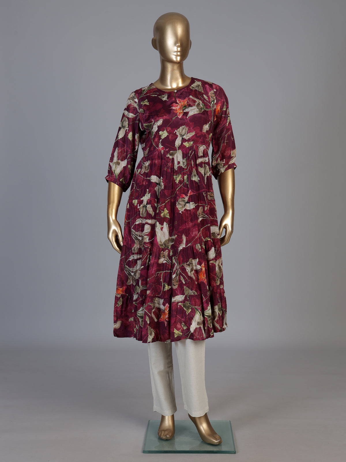Purple paper silk floral printed kurti with delicate cutdana embellishments