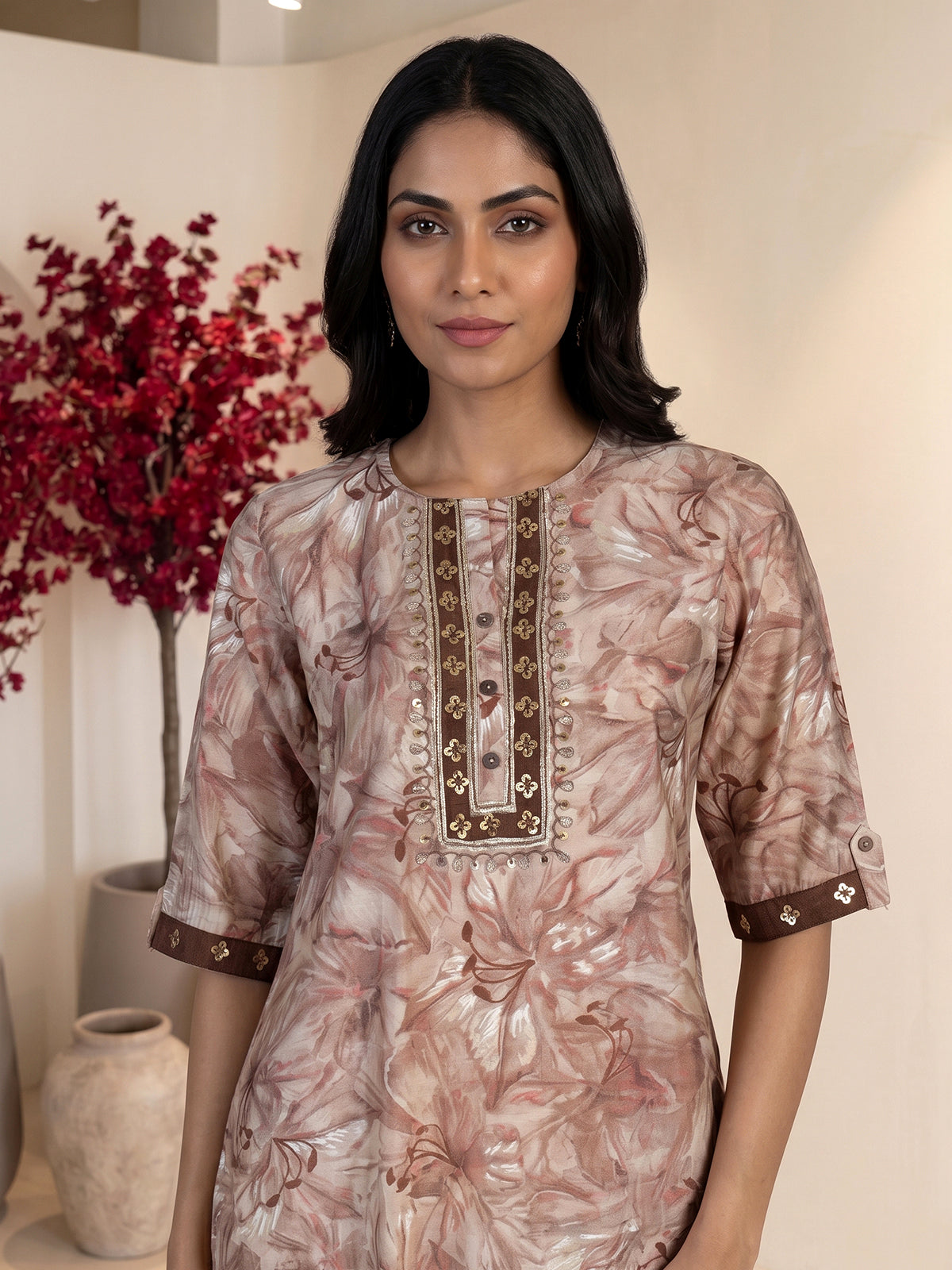 Brown silk floral printed kurti with elegant threadwork