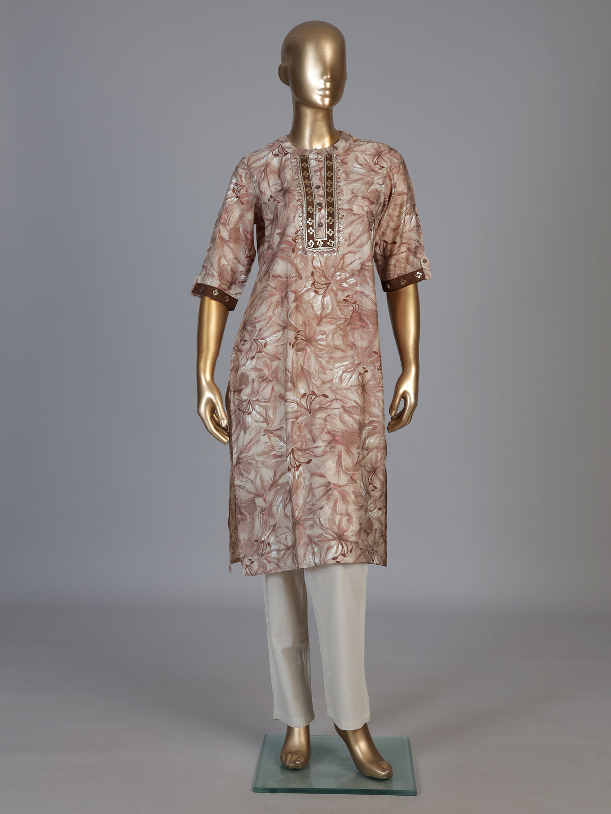 Brown silk floral printed kurti with elegant threadwork