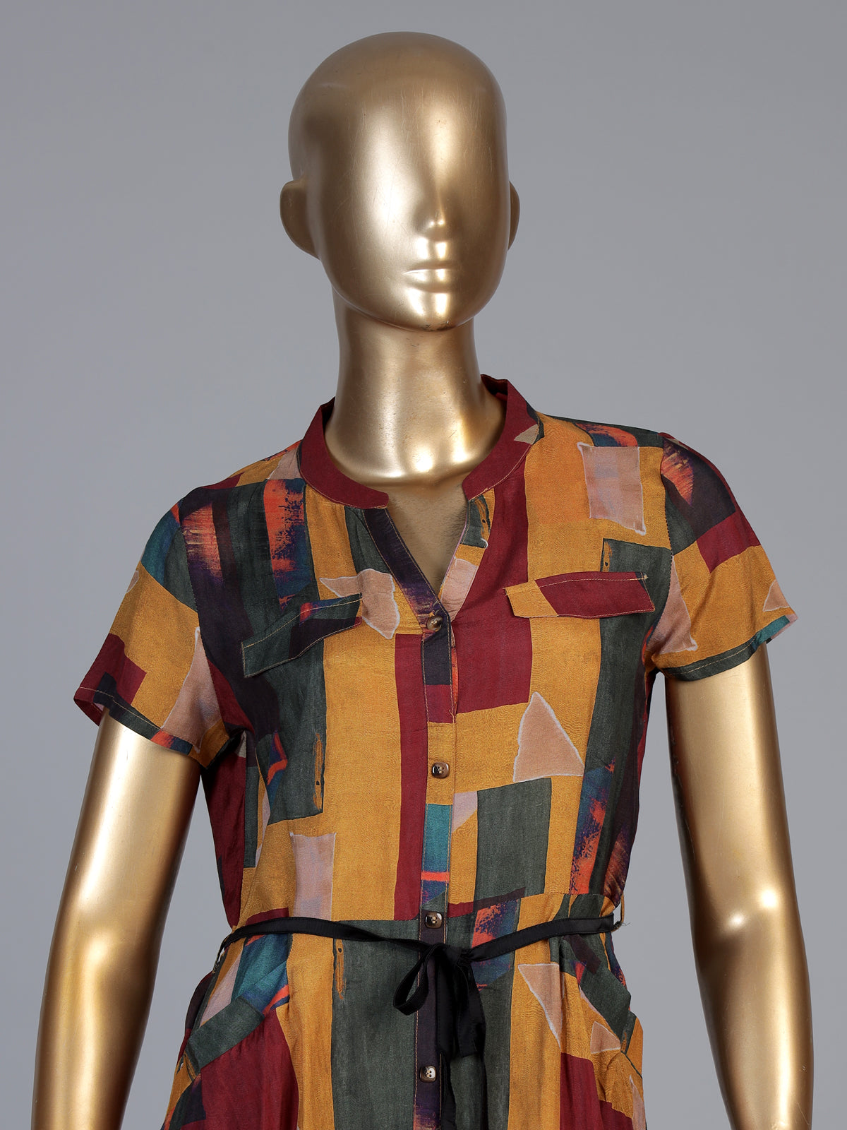 Yellow silk printed kurti with waist belt stand collar and cap sleeves