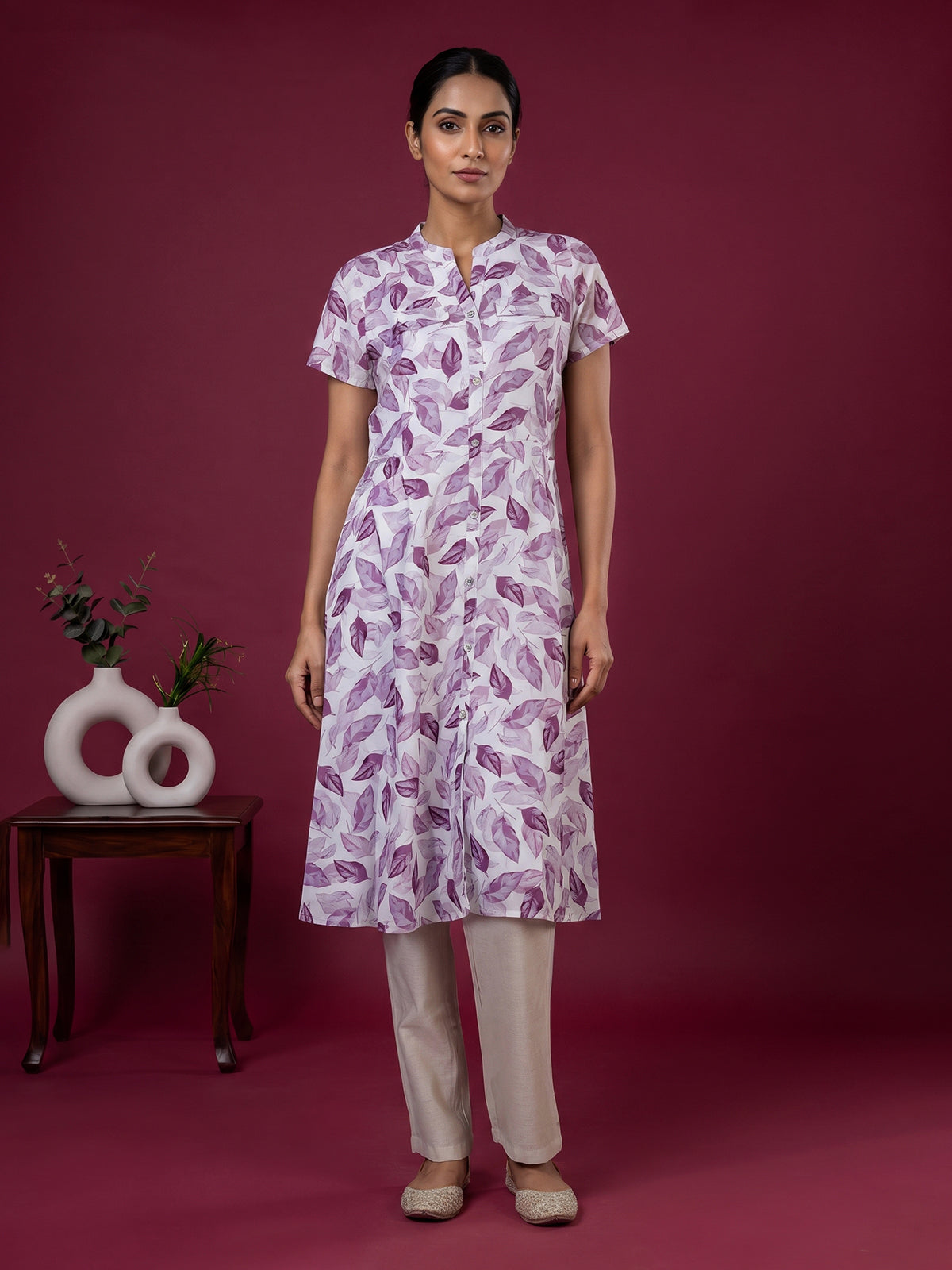 Purple chiffon printed kurti with stand collar and elegant cap sleeves