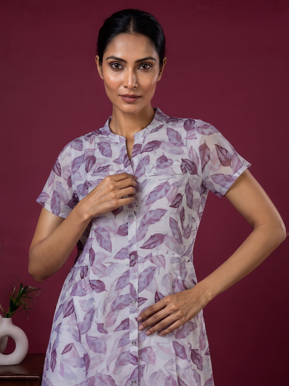 Purple chiffon printed kurti with stand collar and elegant cap sleeves
