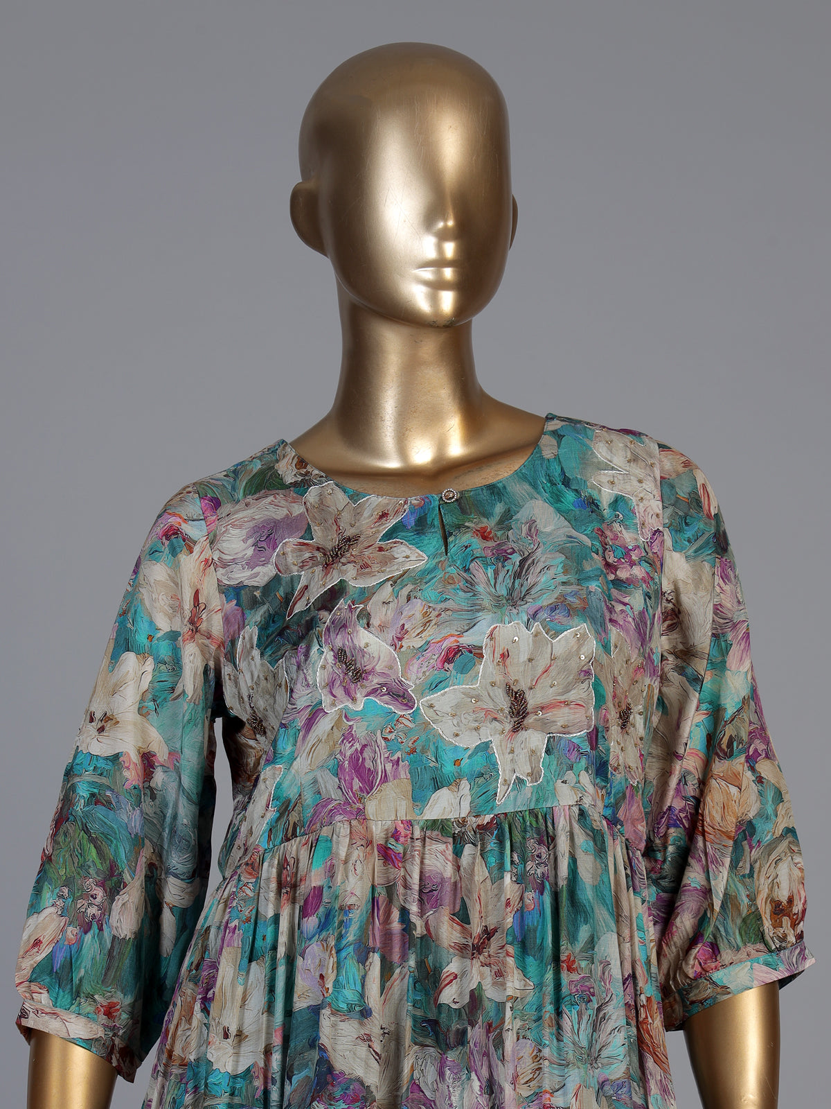 Blue silk printed kurti with cutdana and thread work