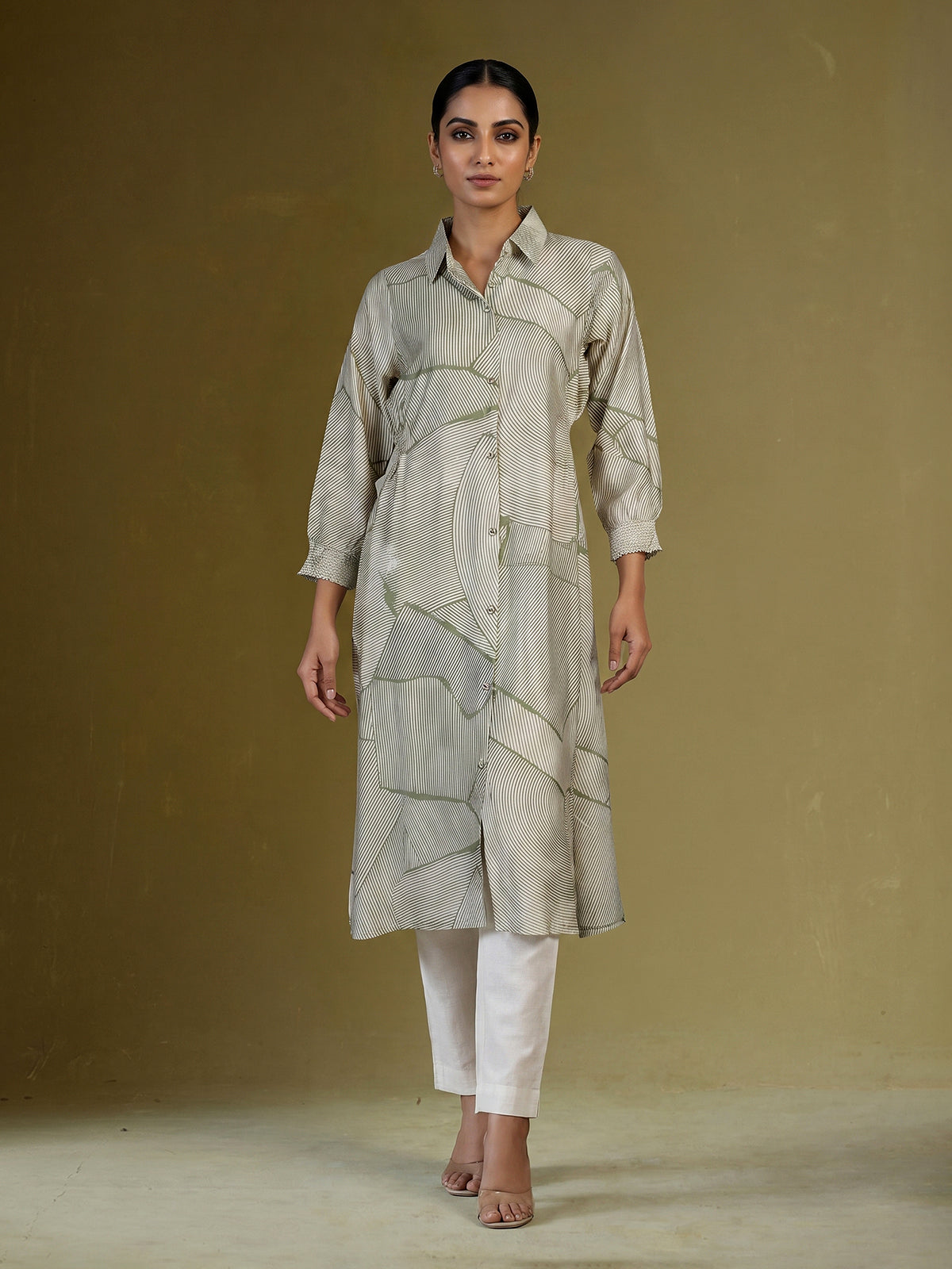 Pista green silk printed kurti with elegant collar neckline and sleeves