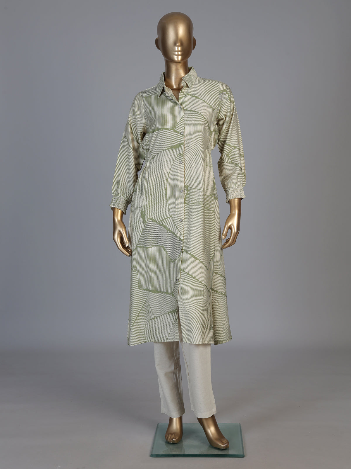 Pista green silk printed kurti with elegant collar neckline and sleeves