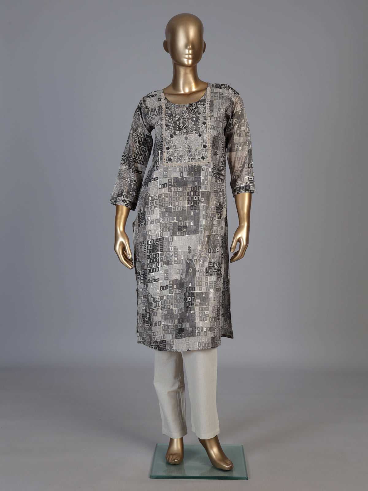 Grey silk printed yoke style kurti with thread detailing