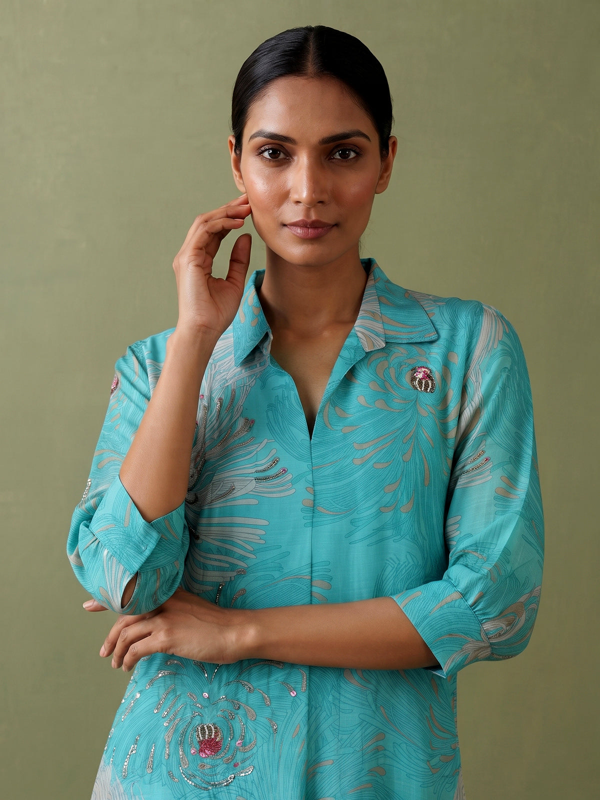 Blue silk floral printed kurti with cutdana work