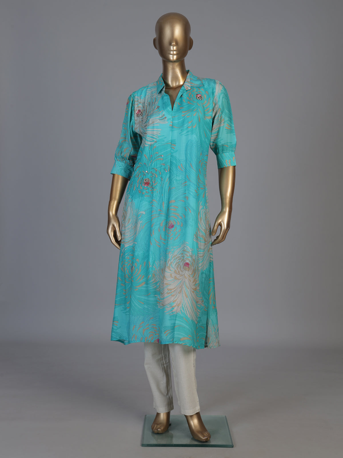 Blue silk floral printed kurti with cutdana work