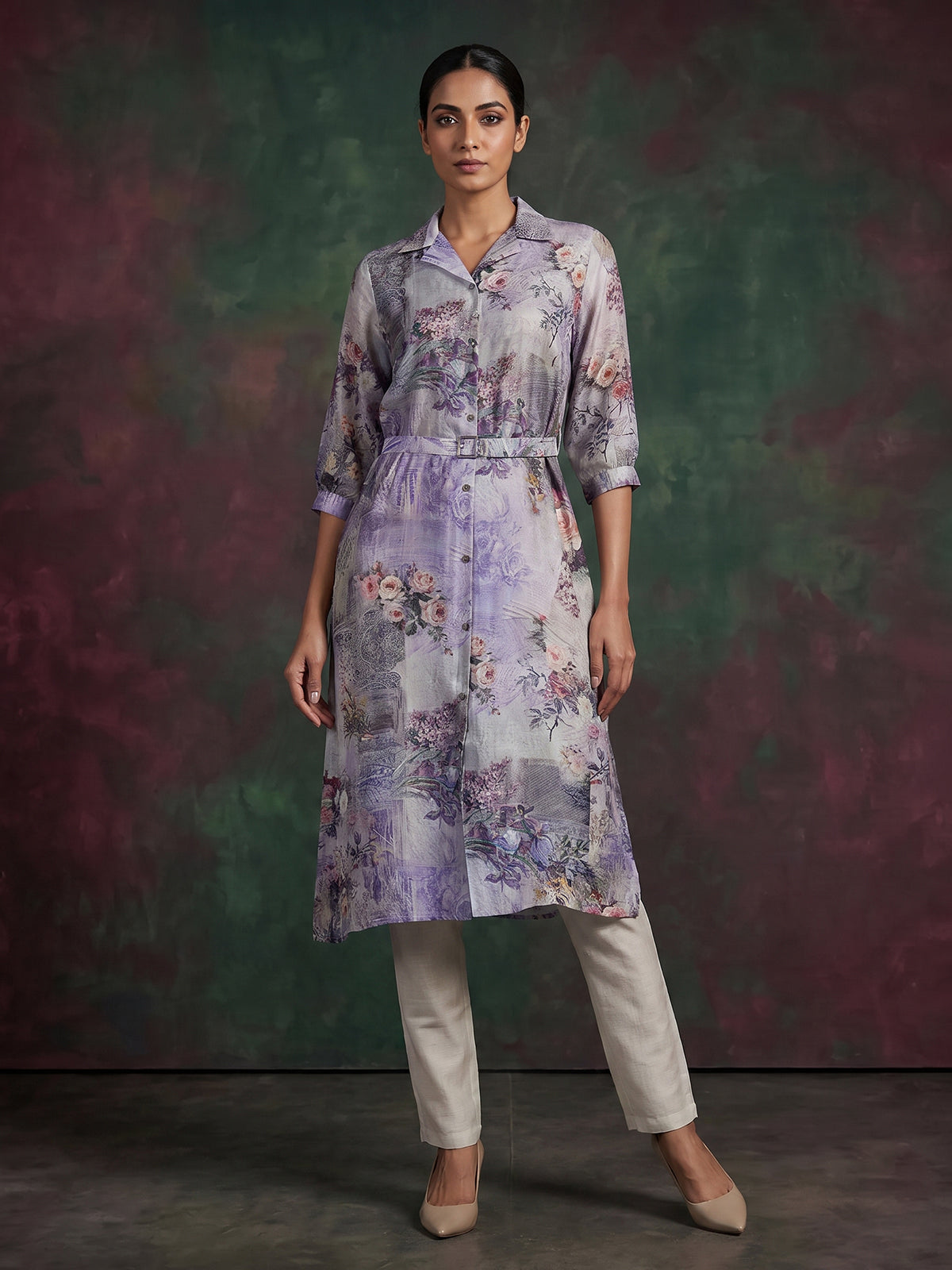 Grey tussar silk floral printed kurti with collar neck and waist belt