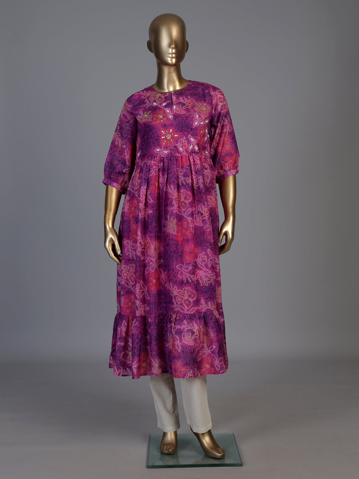 Purple tussar silk floral printed kurti with pearls work