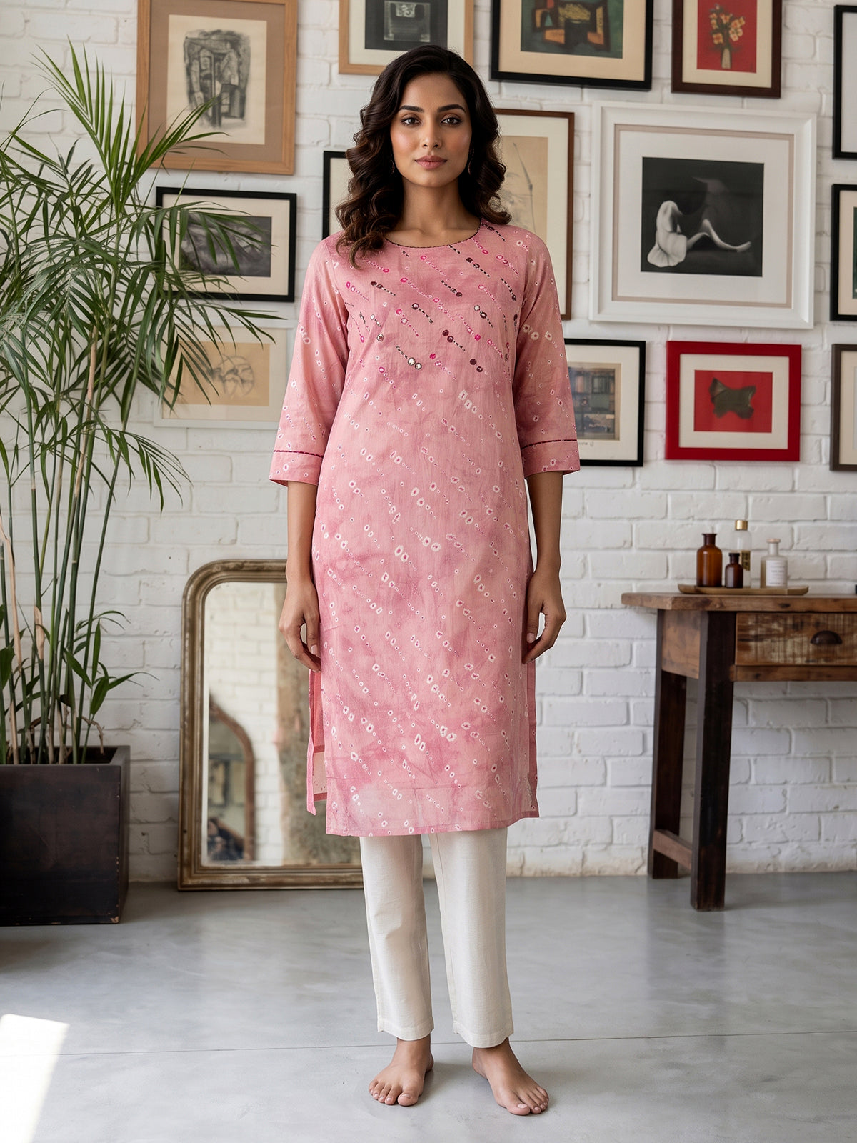 Onion pink silk printed kurti with embroidery aabla and round neckline