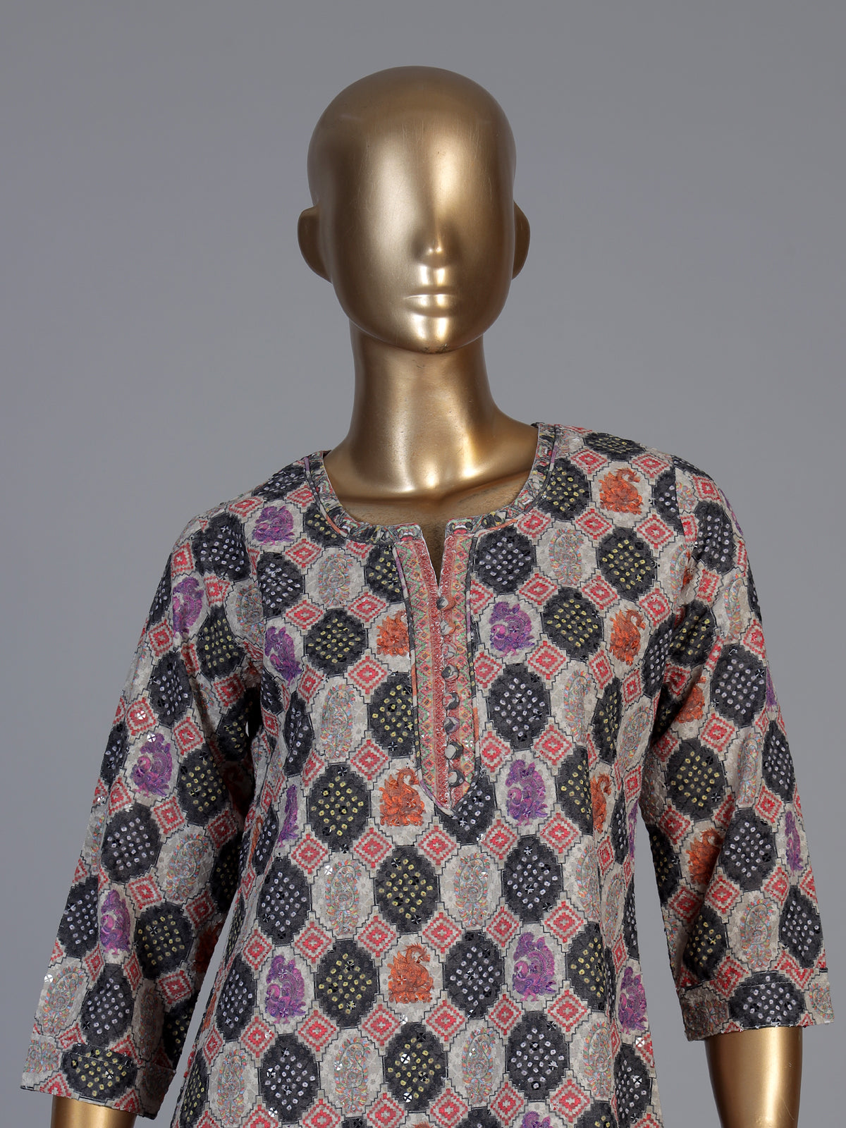 Grey chikan printed kurti with delicate sequins and quarter sleeves