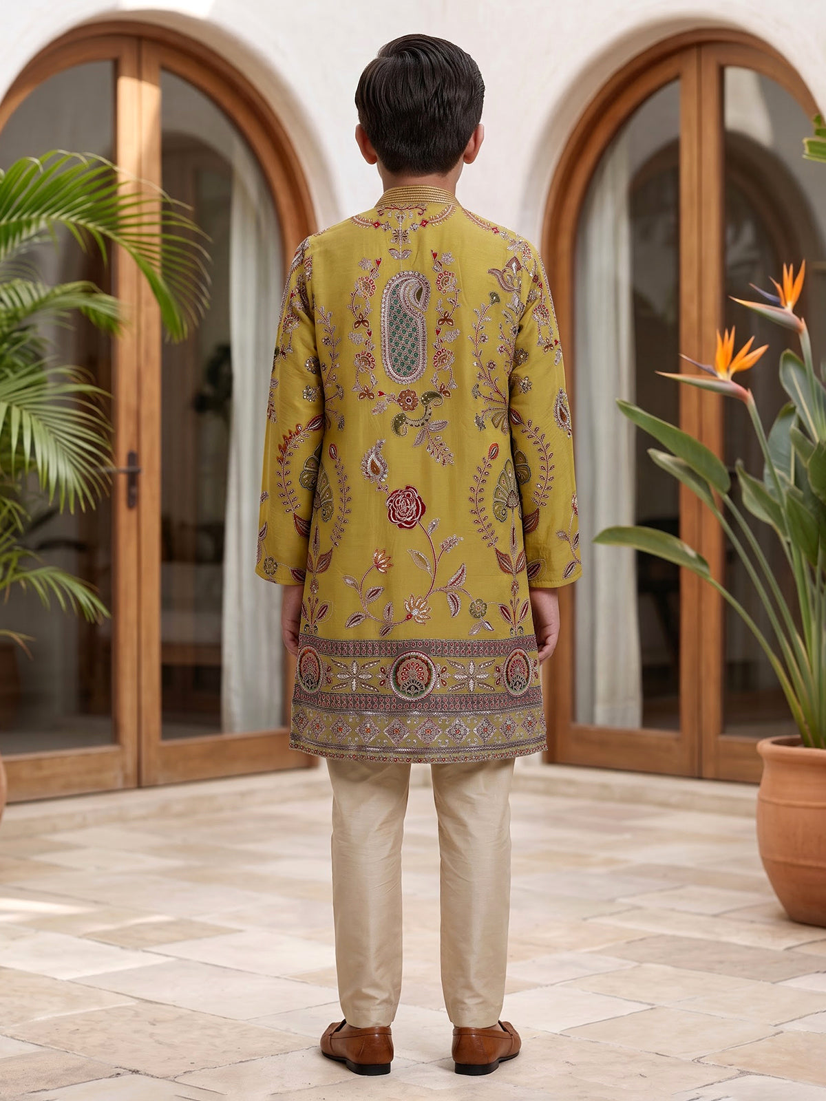 Yellow georgette printed kurta suit with embroidered detailing for boys