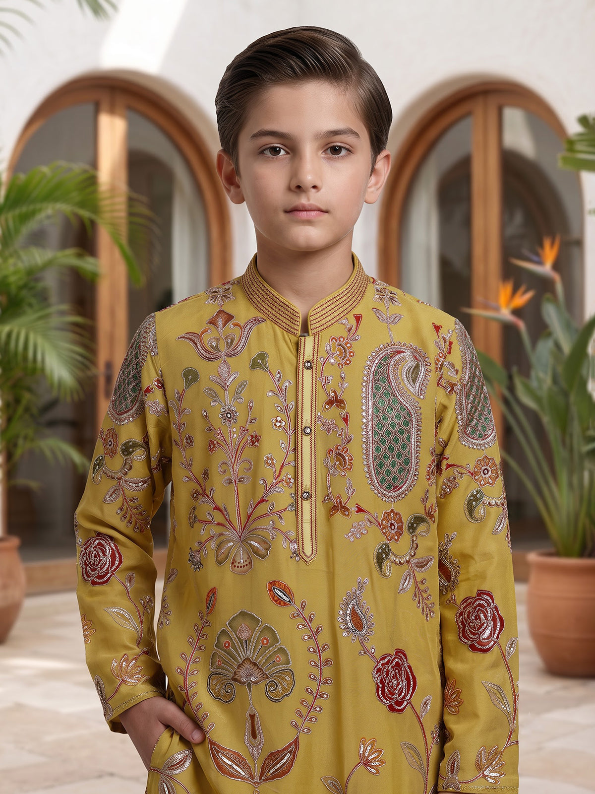 Yellow georgette printed kurta suit with embroidered detailing for boys