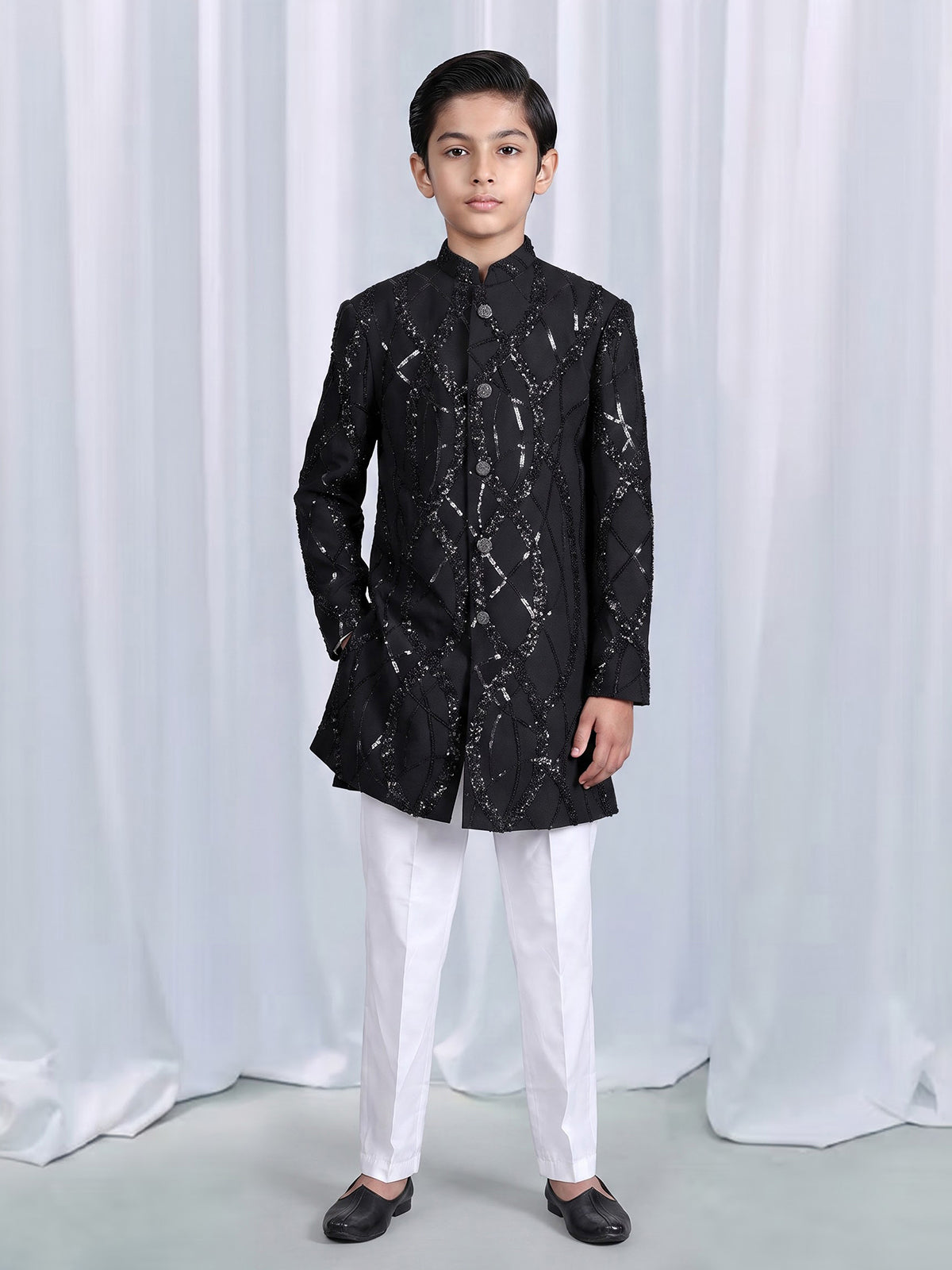 Black boys indowestern suit with sequin sherwani jacket