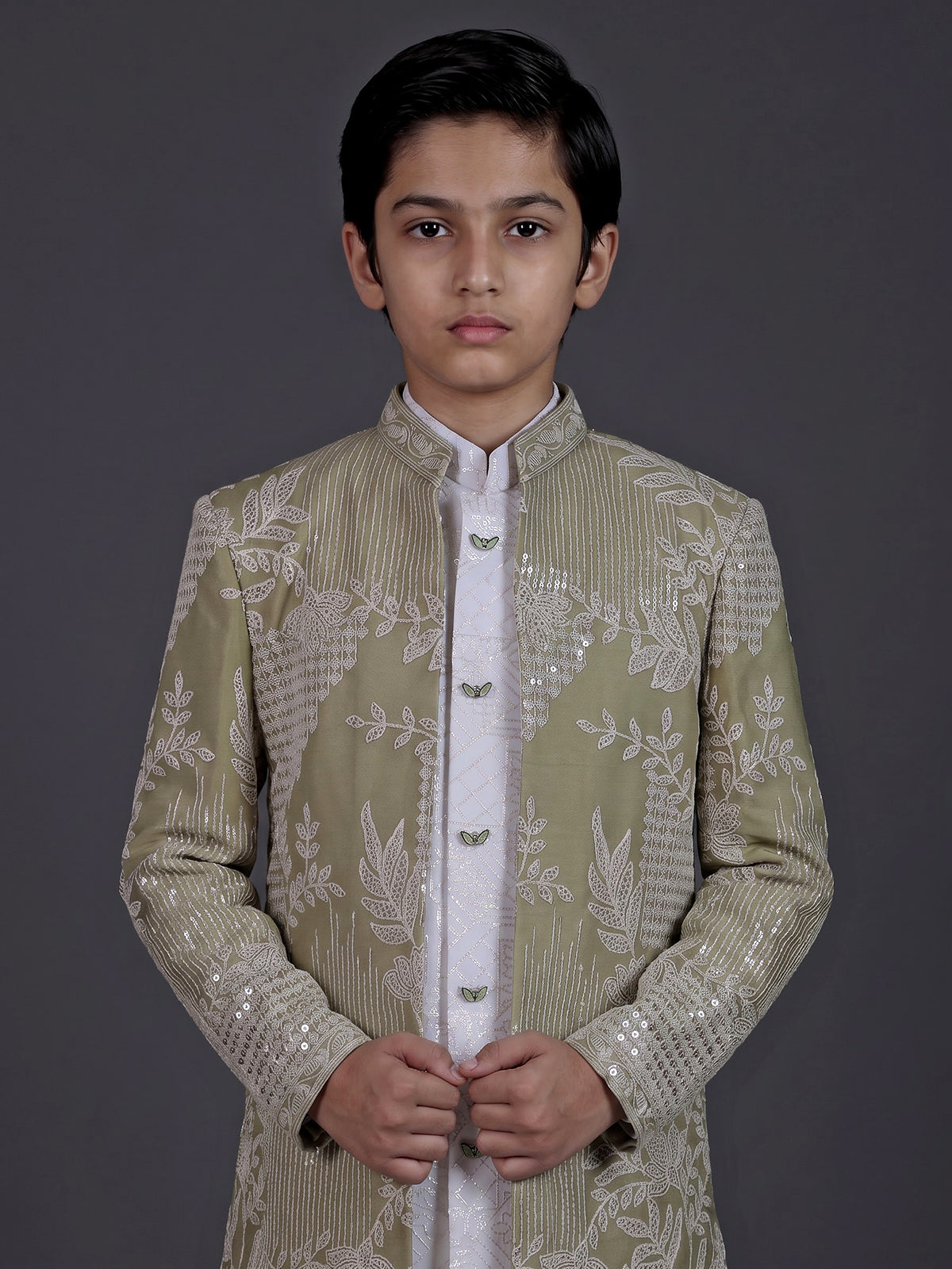 Blush pink boys silk blend indowestern suit with embroidered jacket