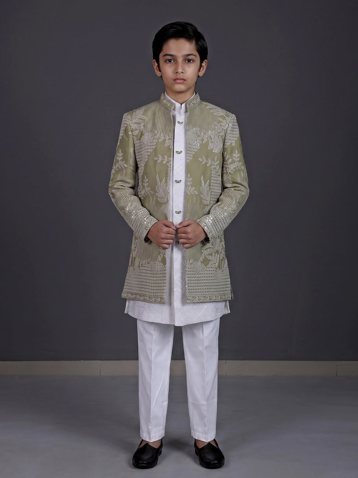 Blush pink boys silk blend indowestern suit with embroidered jacket
