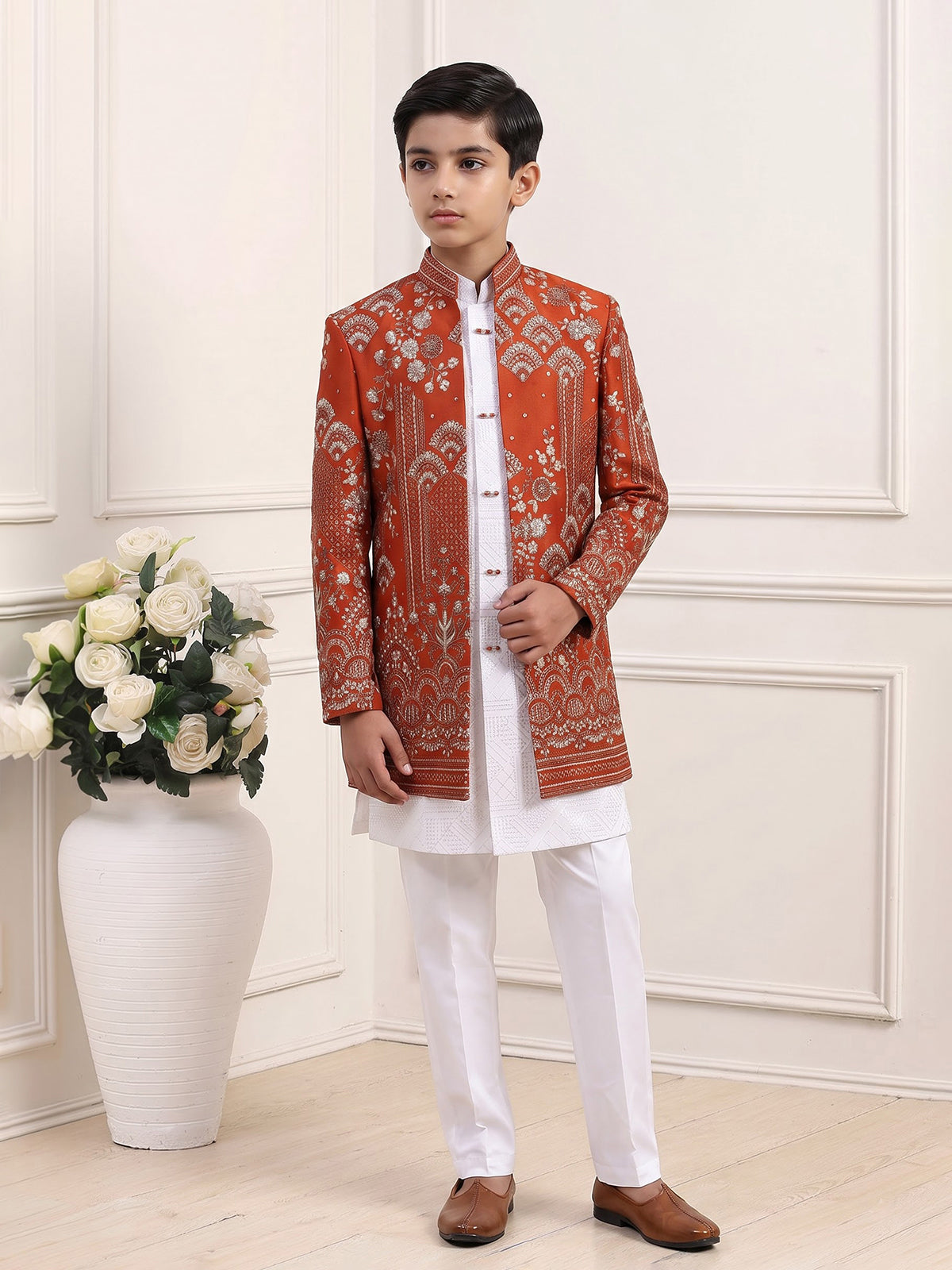 Rust orange boys indowestern suit with sequin jacket