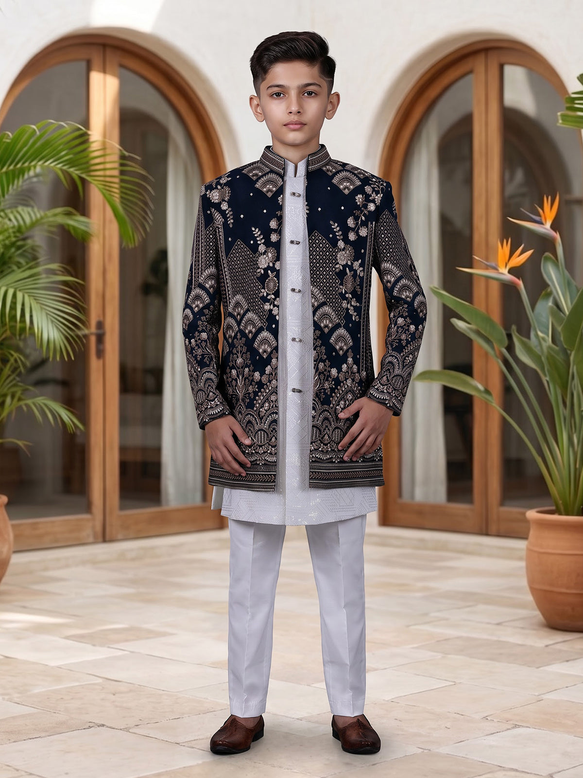 Dark navy blue boys indowestern suit with embellished jacket