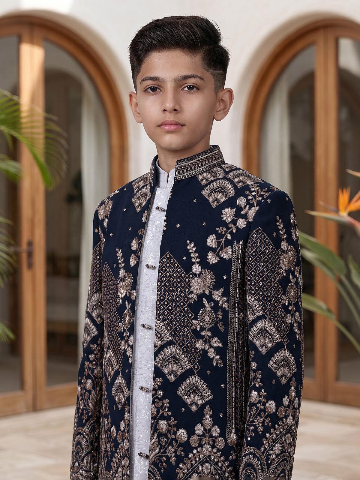 Dark navy blue boys indowestern suit with embellished jacket