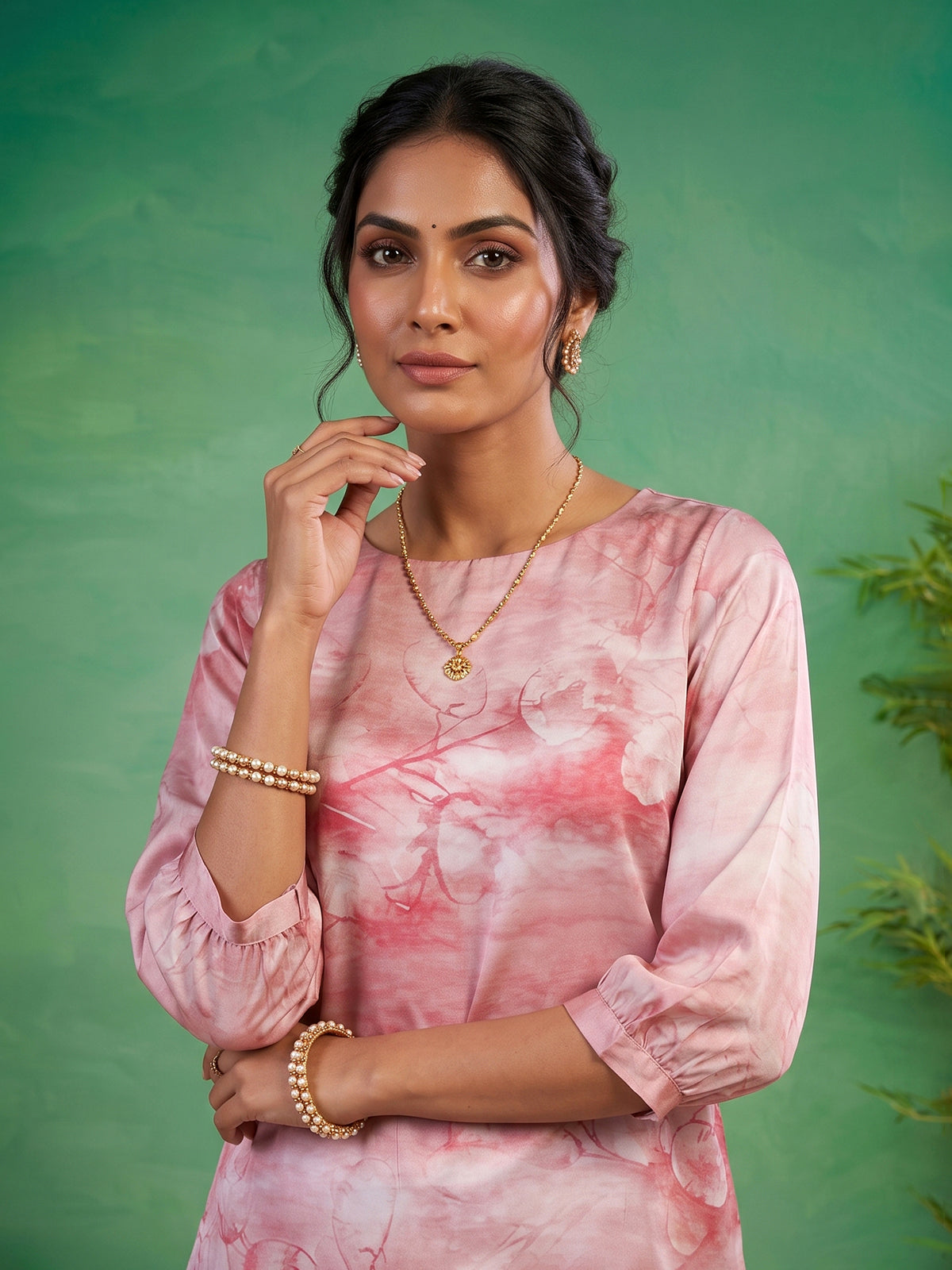 Pink satin floral printed palazzo co ord set with graceful styling