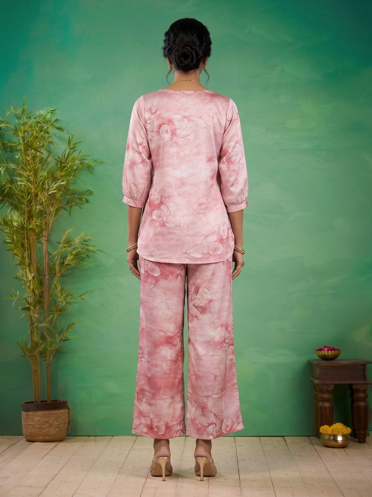 Pink satin floral printed palazzo co ord set with graceful styling
