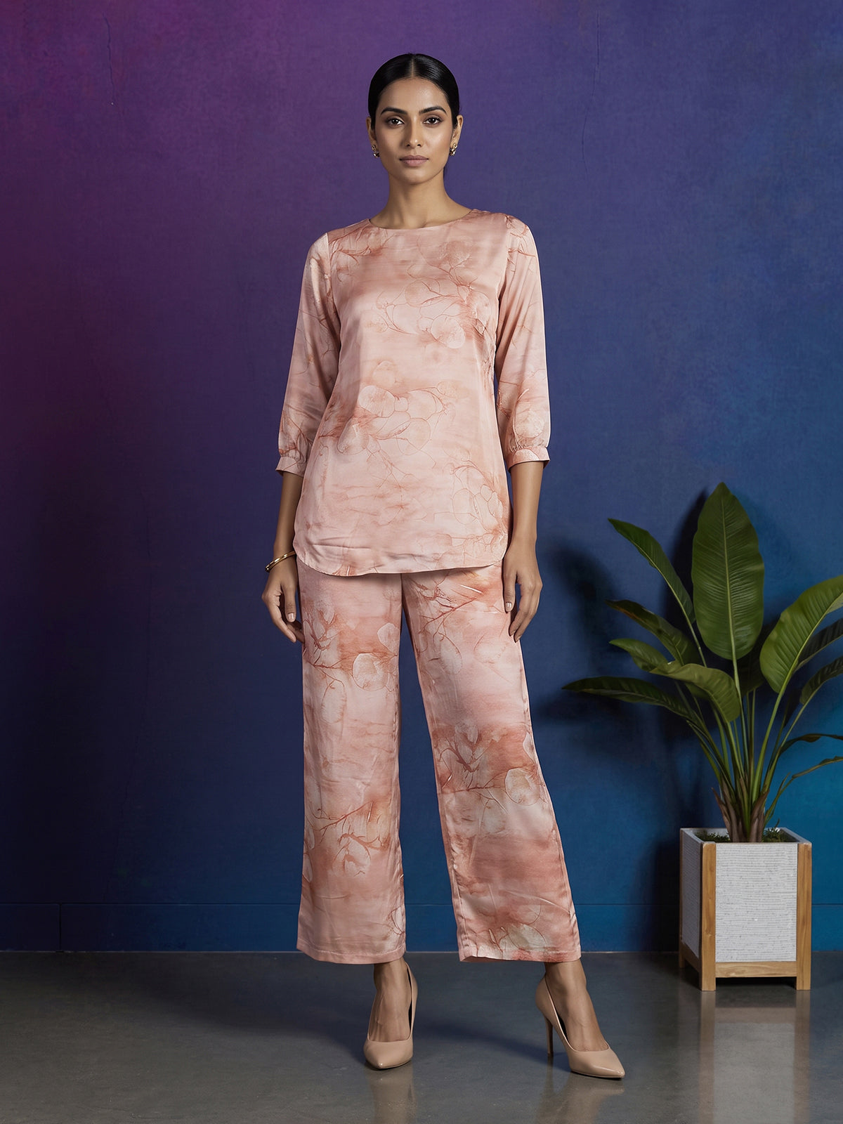 Peach satin floral printed palazzo co ord set for women