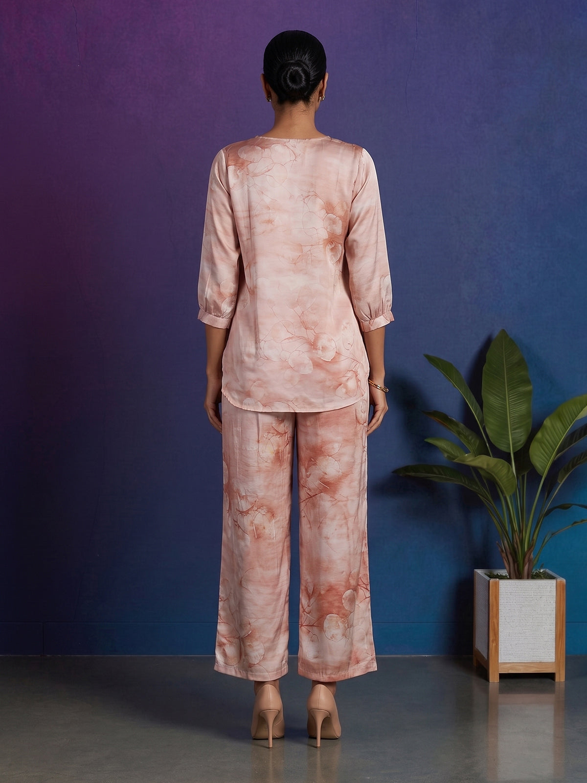 Peach satin floral printed palazzo co ord set for women