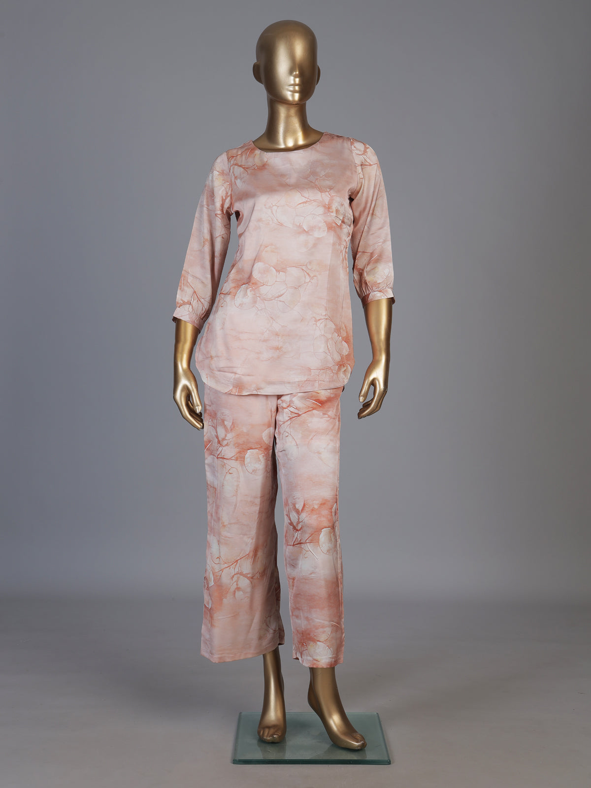 Peach satin floral printed palazzo co ord set for women