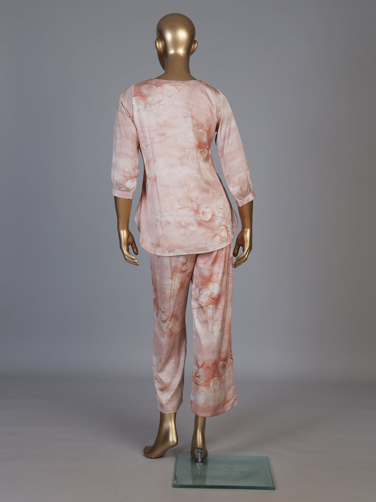 Peach satin floral printed palazzo co ord set for women