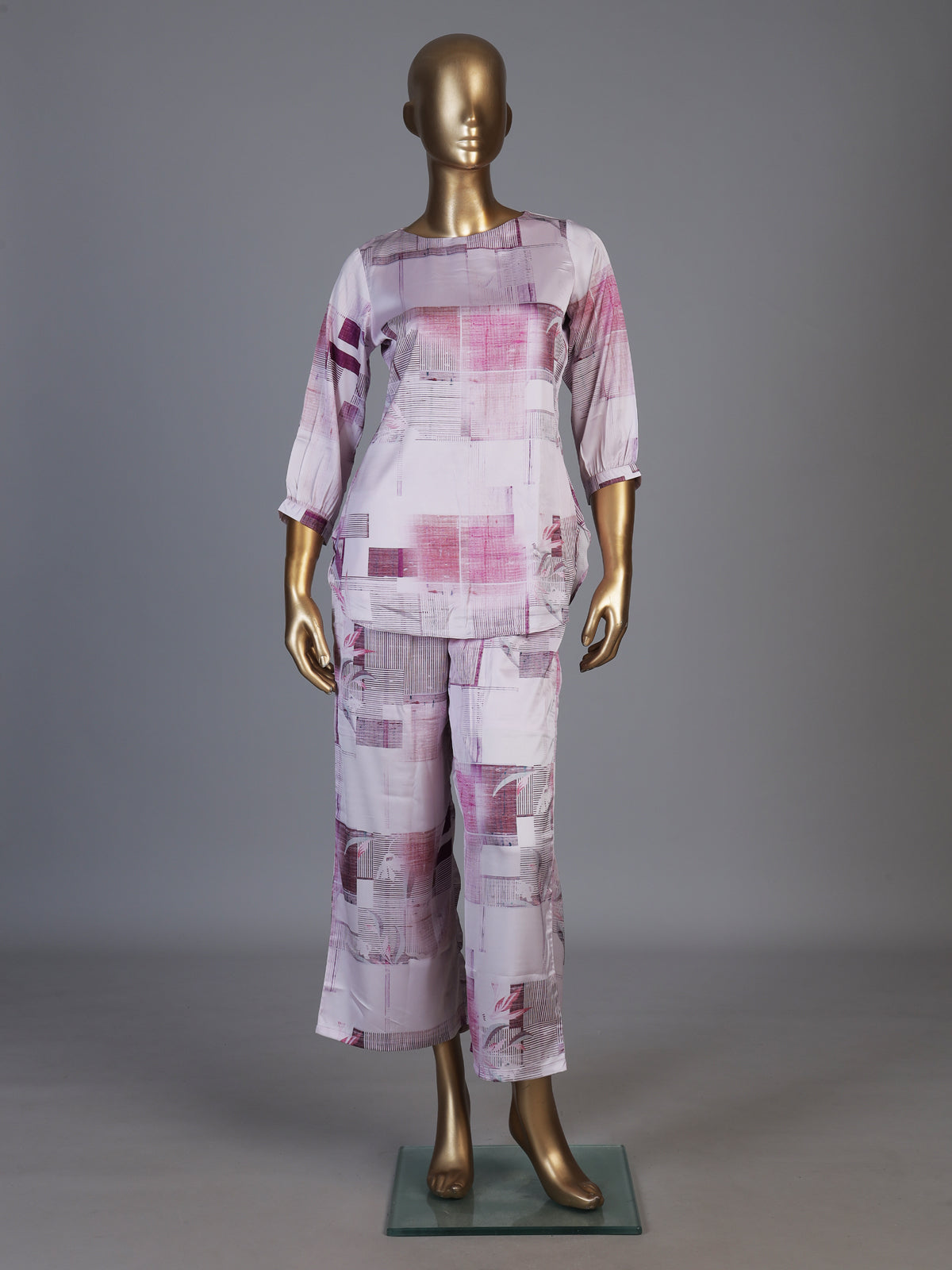 Purple satin printed palazzo co ord set with quarter sleeves