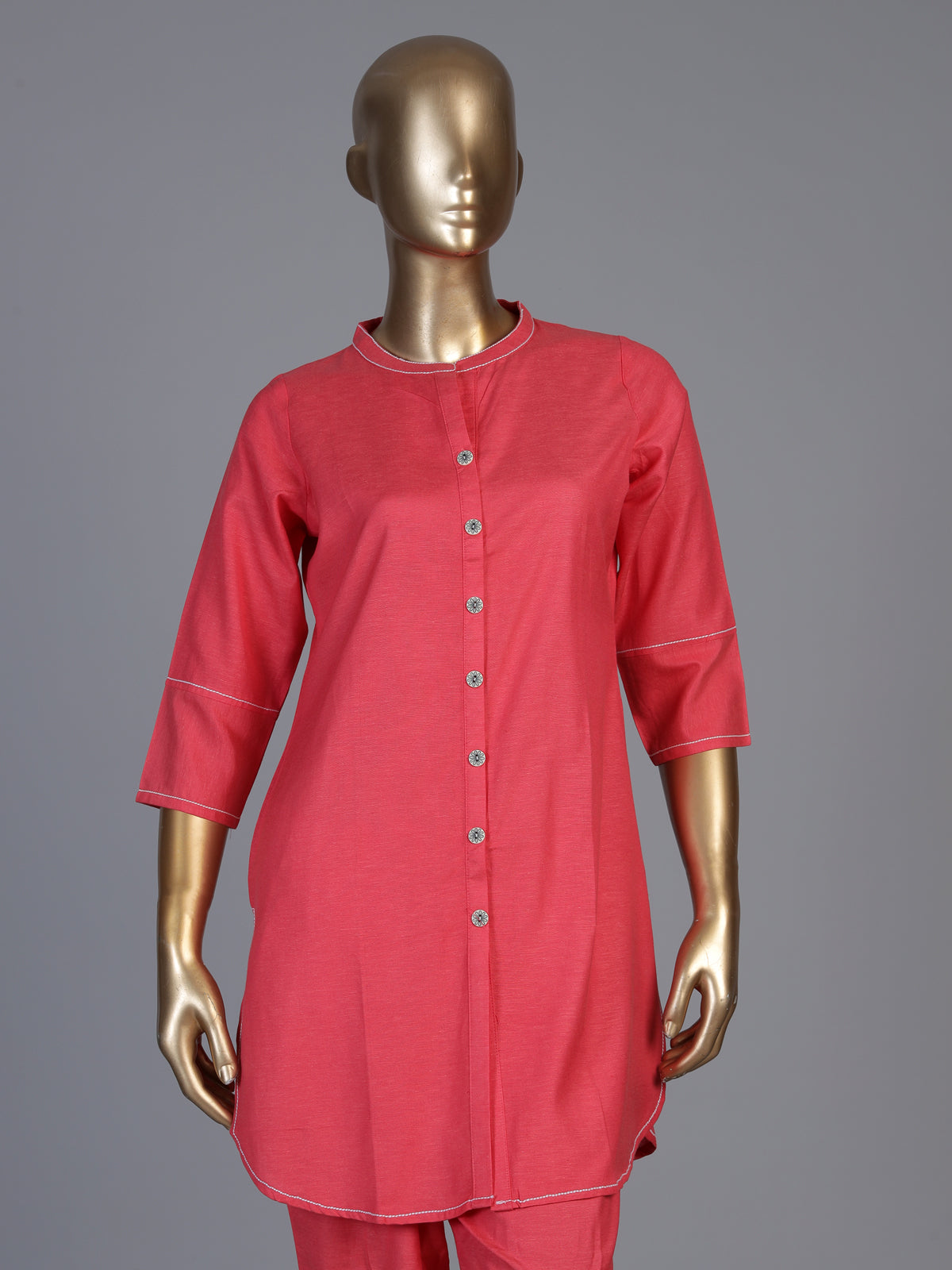 Pink linen solid stand collar pant co ord set for women
