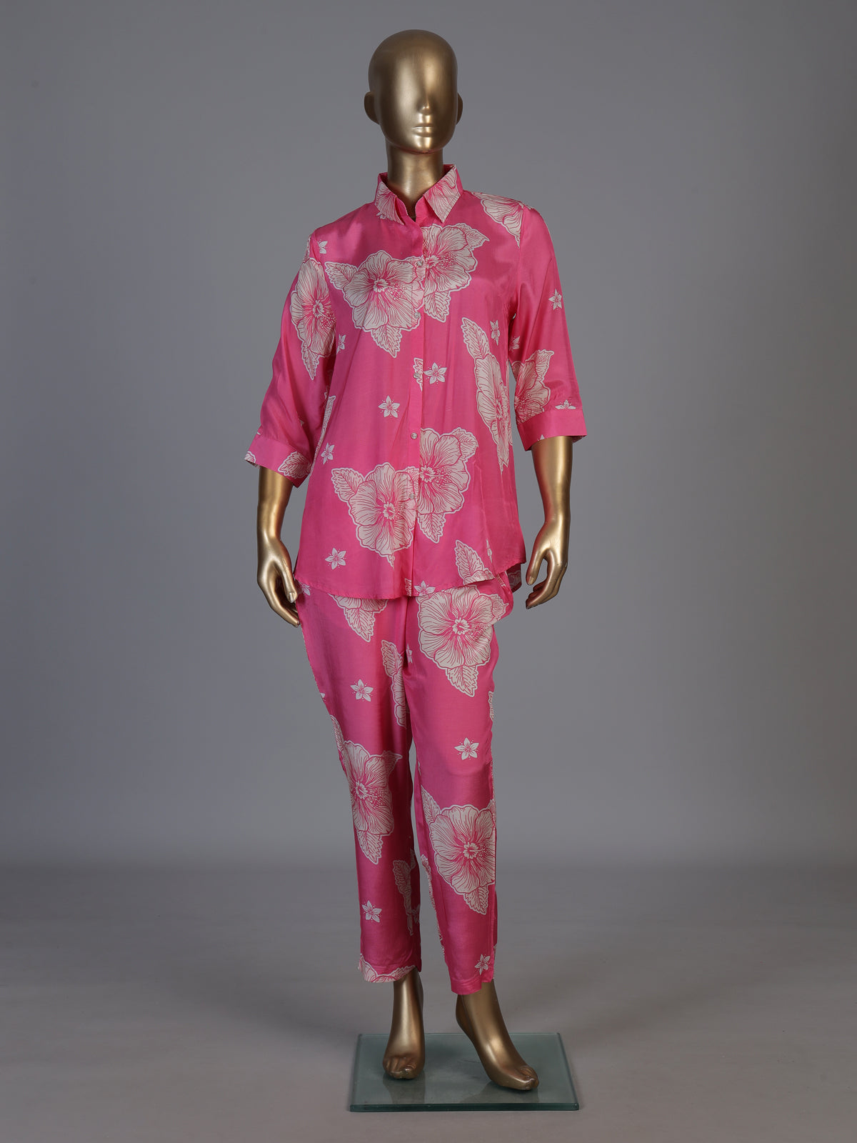 Pink floral printed crepe silk pant co ord set for women