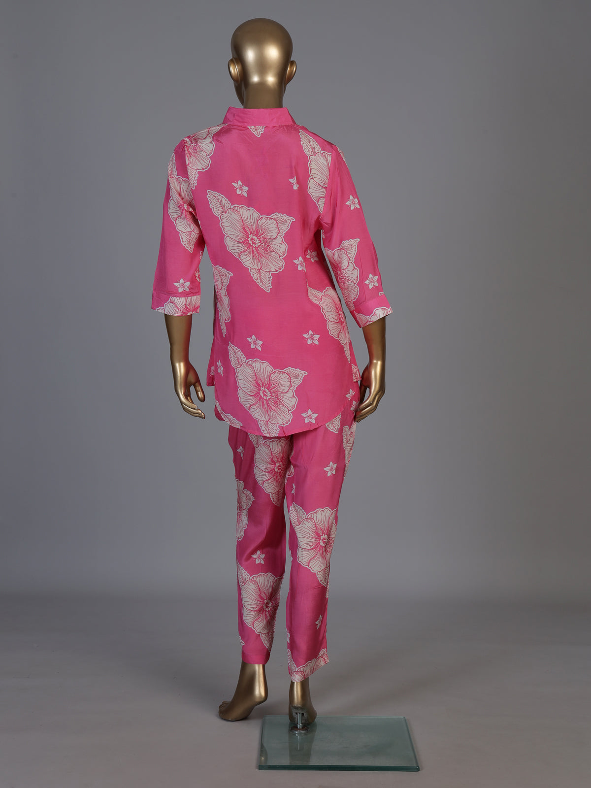 Pink floral printed crepe silk pant co ord set for women