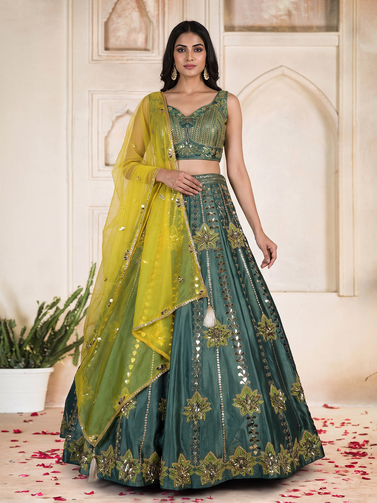 Green silk lehenga choli with mirror patchwork and contrast dupatta
