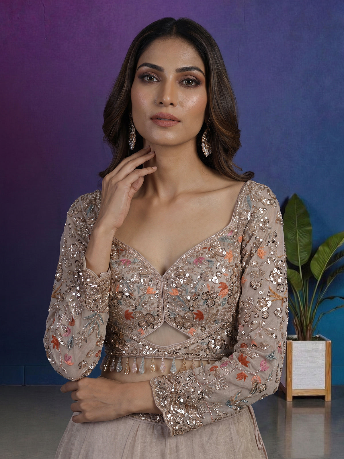 Beige silk designer lehenga choli with bird motif