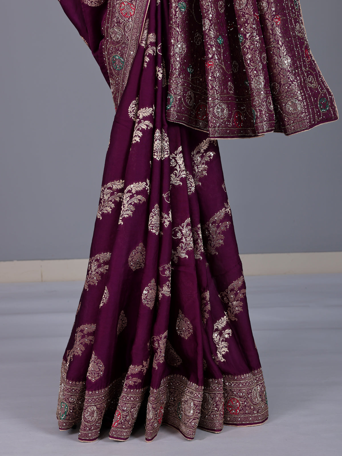 Purple dola silk saree with zardosi and zari work
