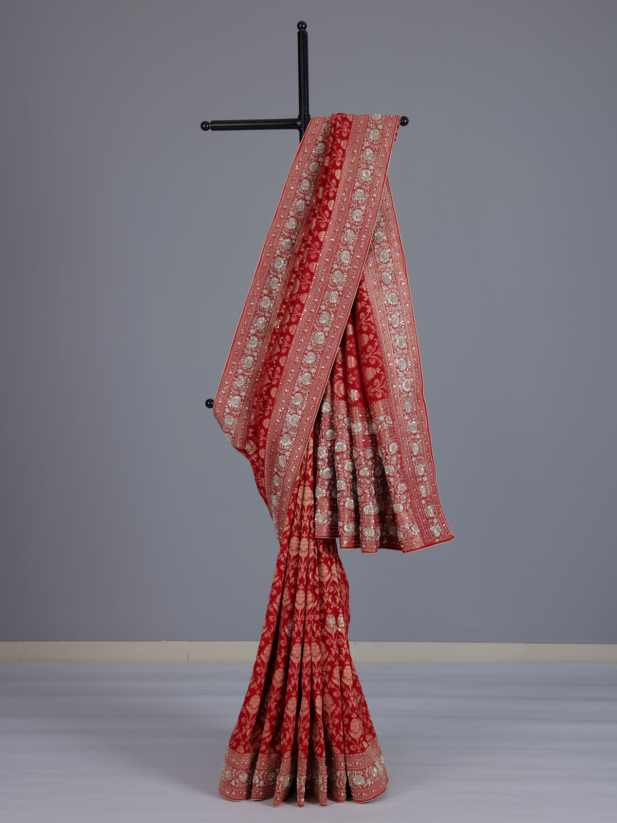 Red banarasi silk saree with floral zardosi and zari work