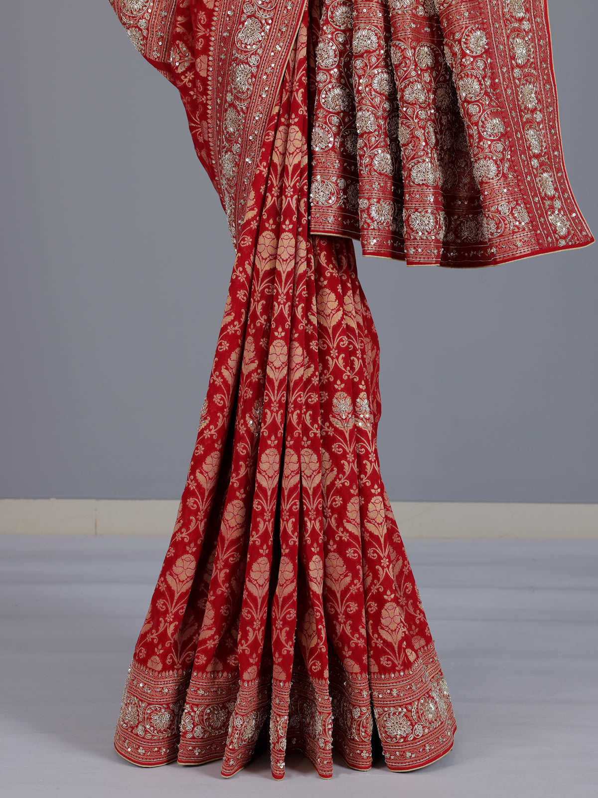 Red banarasi silk saree with floral zardosi and zari work