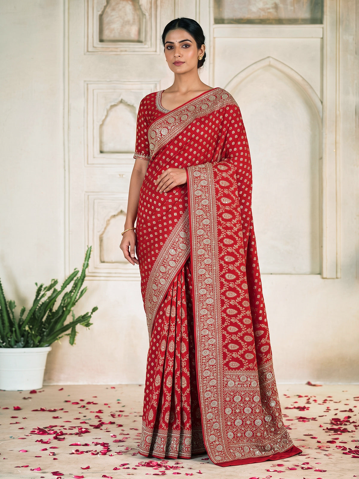 Red dola silk saree with floral diamond zardosi embellishments