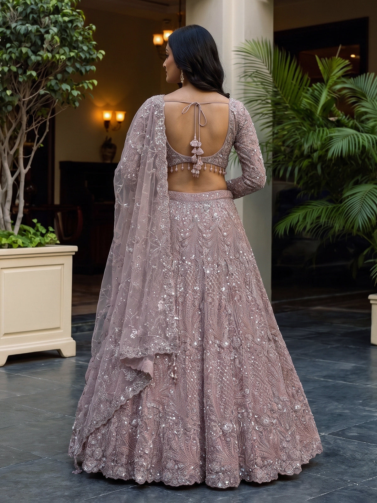 Pink net embellished designer wedding lehenga choli