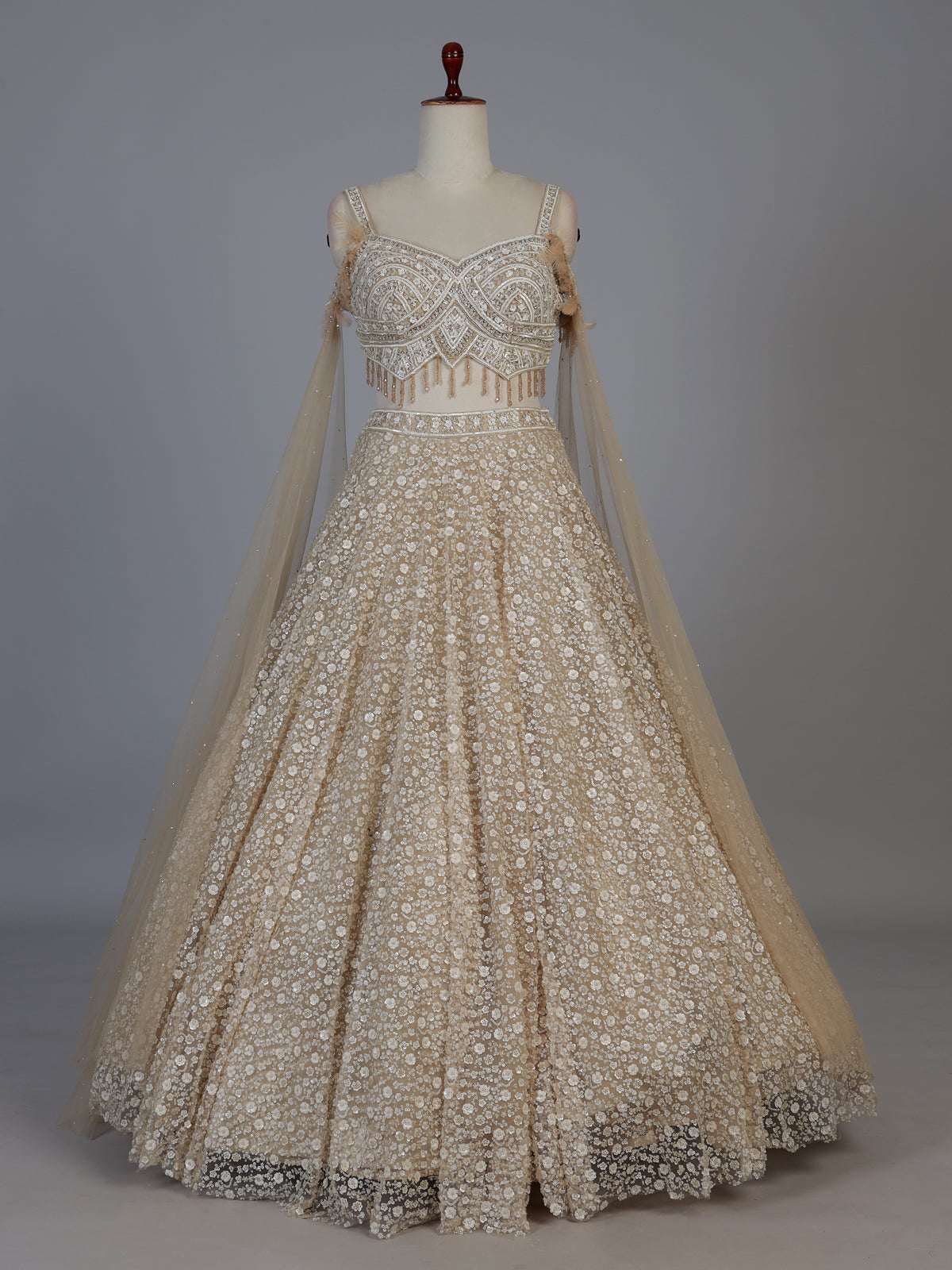 Beige net stone embellished bridal lehenga choli
