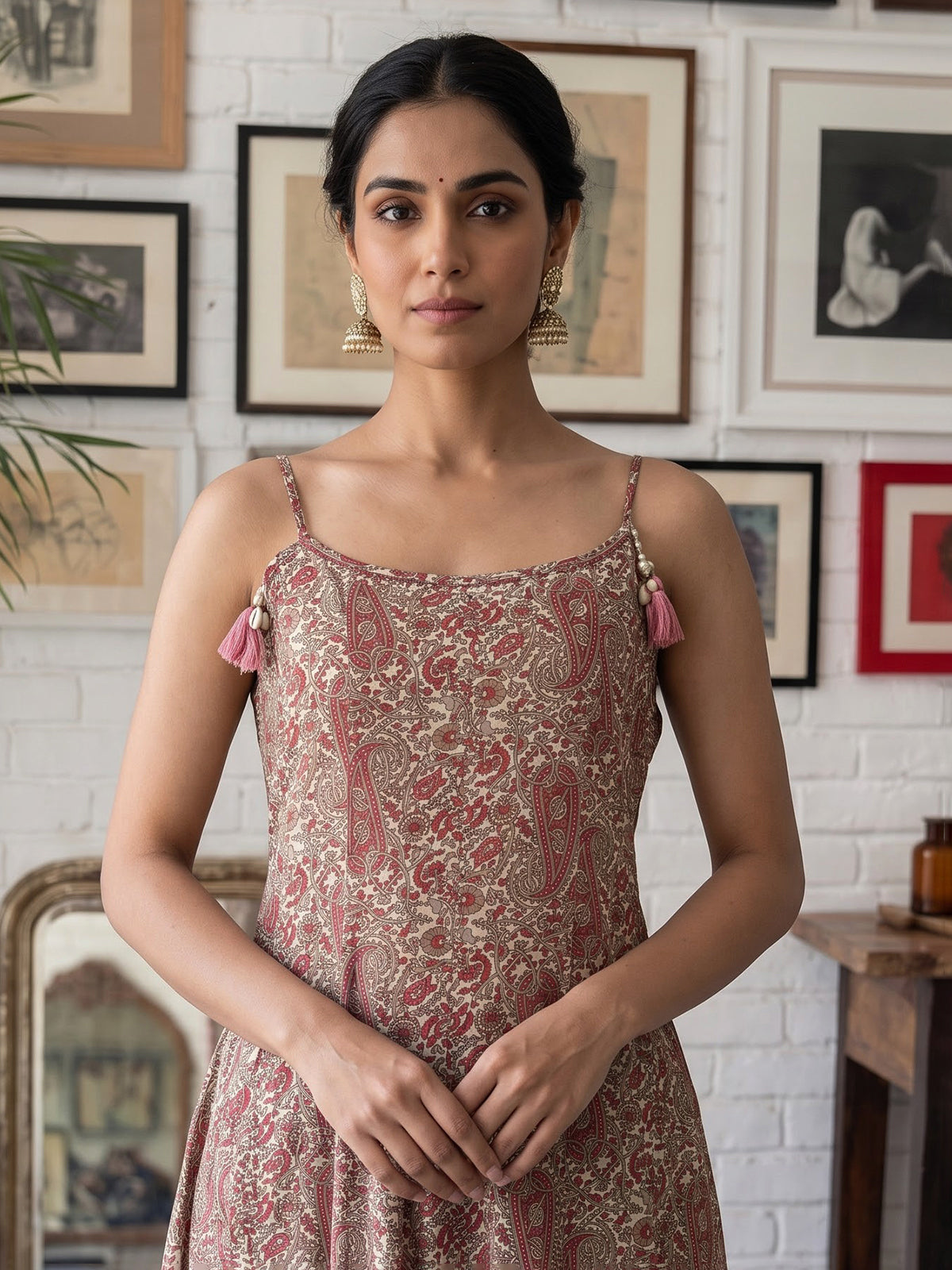Maroon silk printed kurti set with contrast dupatta and pants