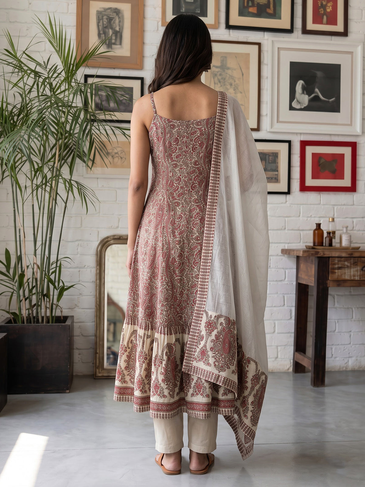Maroon silk printed kurti set with contrast dupatta and pants