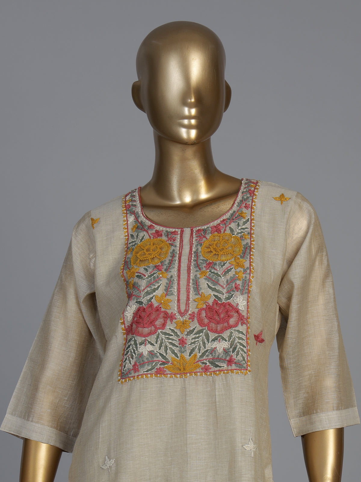 Beige linen straight cut kurti set