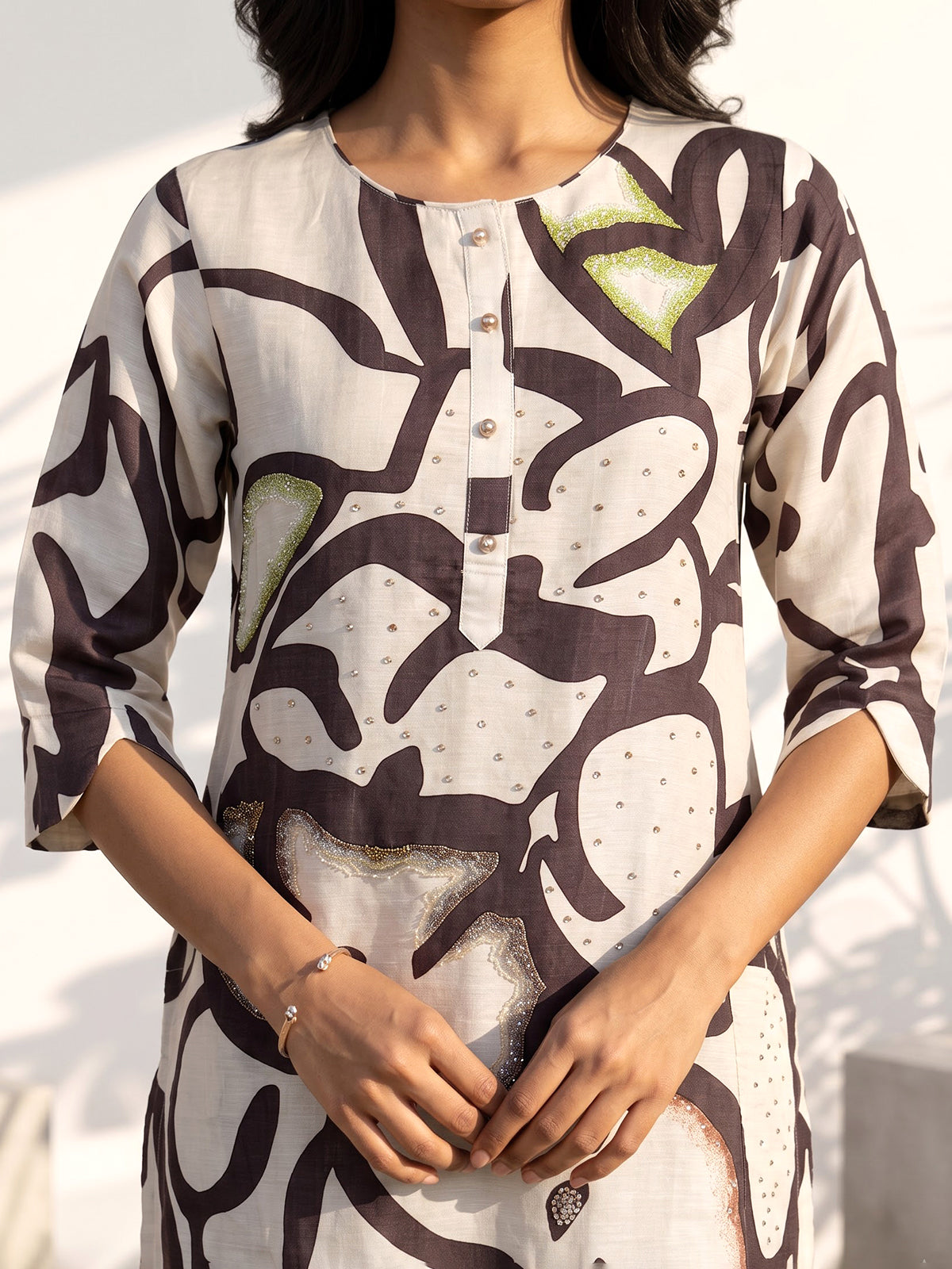 Brown silk printed kurti set with cutdana and stone detailing